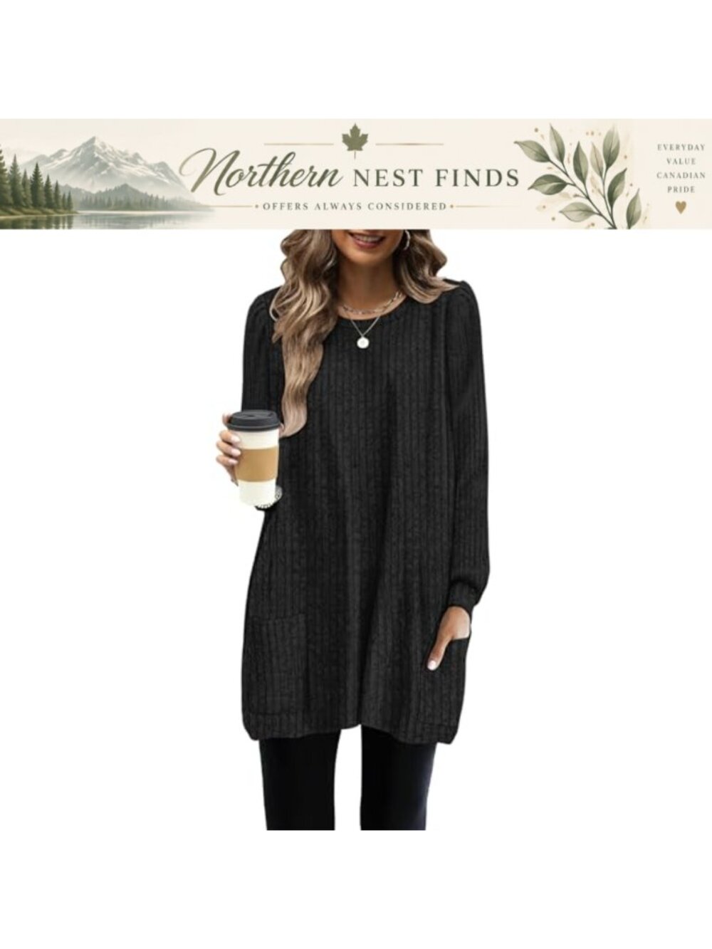 WNEEDU Women's Long Sleeve Tunic Top Sweater Dress with Pockets